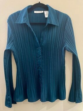 Laura Petites Teal Metallic Pleated Button Down Blouse